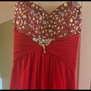 Red, crystal embellished formal or prom dress.
